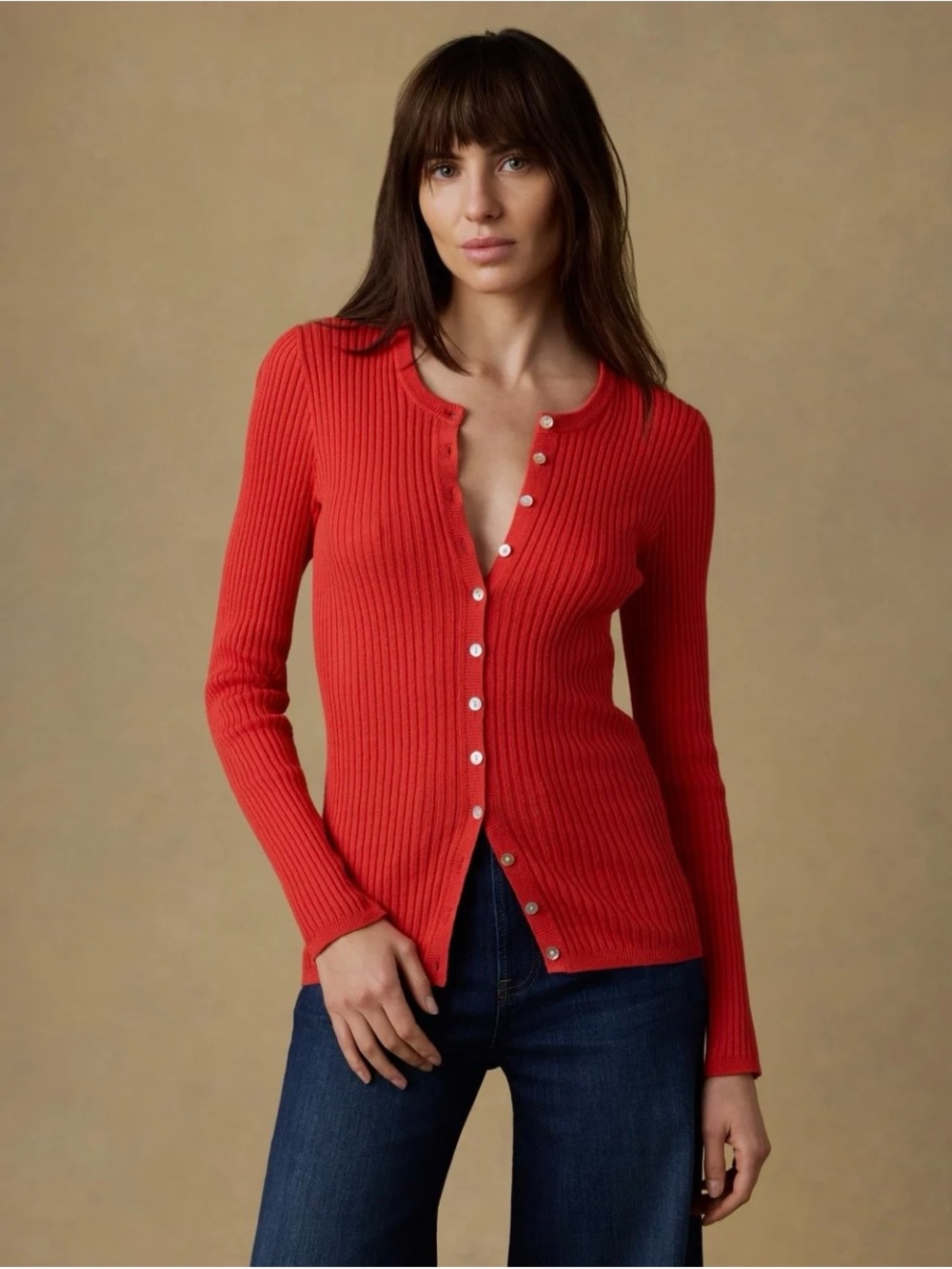 Faherty Miramar Linen Organic Cotton Ribbed Cardigan Poppy Red L